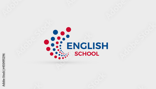 English School logo concept. Abstract bubbles dots logotype for education, english language learning, study course, virtual teaching work, training, communication and speak club, vector symbol design