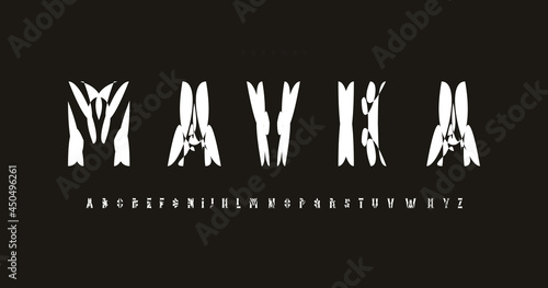 Ethnic font alphabet letters. Modern logo shirts typography. Mistery typographic design. Display letters set for cinema, movie and music logo, headline, cover title, monogram, lettering and abc type