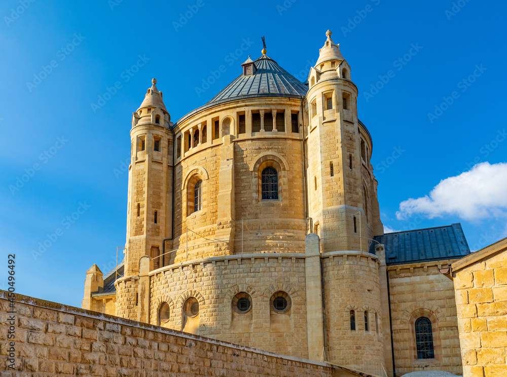 Benedictine Dormition Abbey on Mount Zion, near Zion Gate  outside walls of Jerusalem Old City in Israel