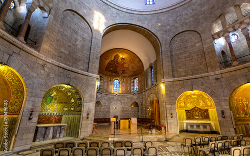 Interior chapels and main nave of Benedictine Dormition Abbey on Mount Zion, near Zion Gate outside walls of Jerusalem Old City in Israel