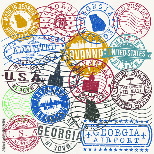 Savannah, GA, USA Set of Stamps. Travel Stamp. Made In Product. Design Seals Old Style Insignia.
