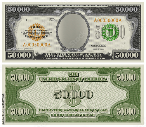 Fictional vintage obverse and reverse of a gold certificate with a face value of 50,000 dollars. US paper money
