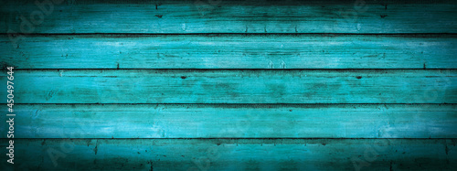 Abstract grunge old turquoise painted wooden texture - wood board background panorama banner