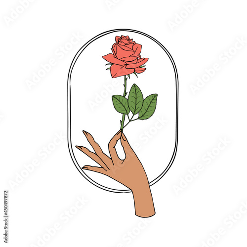 Vintage Mystic Hand holding rose flower drawing on oval shape background.