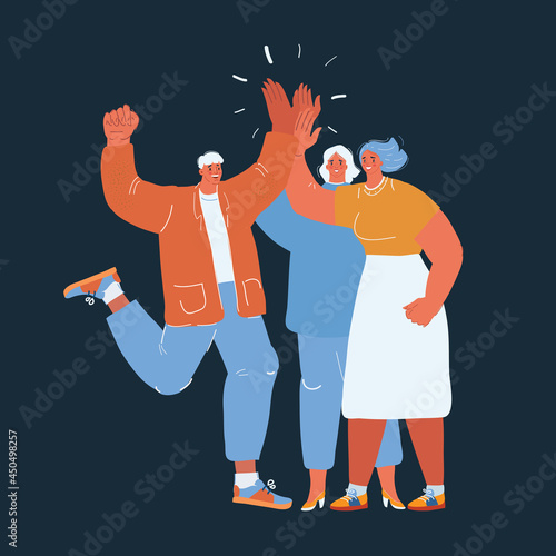 Vector illustration of team and giving high five to each other over dark background.
