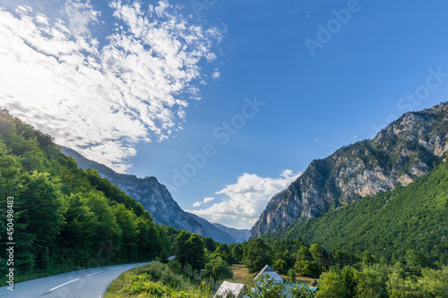 Landscape of rocky mountains along Tara canyon in Montenegro on summer day.