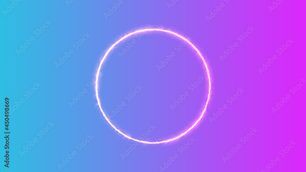 Obraz premium Empty frame with electric power round border glowing, pink neon lightning sign on trendy background. Blank circle neon light around frame lights. Abstract soft gradient mix pink, purple, blue color