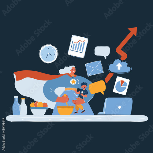 Vector illustration of young woman wearing superhero costume standing in front of working table and kitchen set with child in her hands.