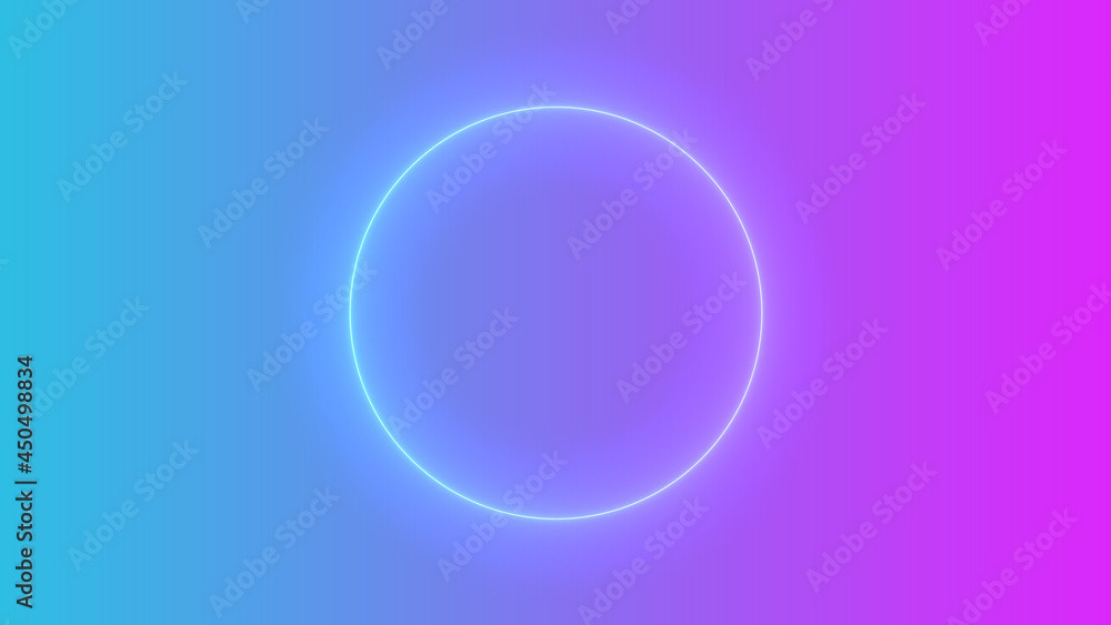 Empty frame with electric power round border glowing, pink neon lightning sign on trendy background. Blank circle neon light around frame lights. Abstract soft gradient mix pink, purple, blue color