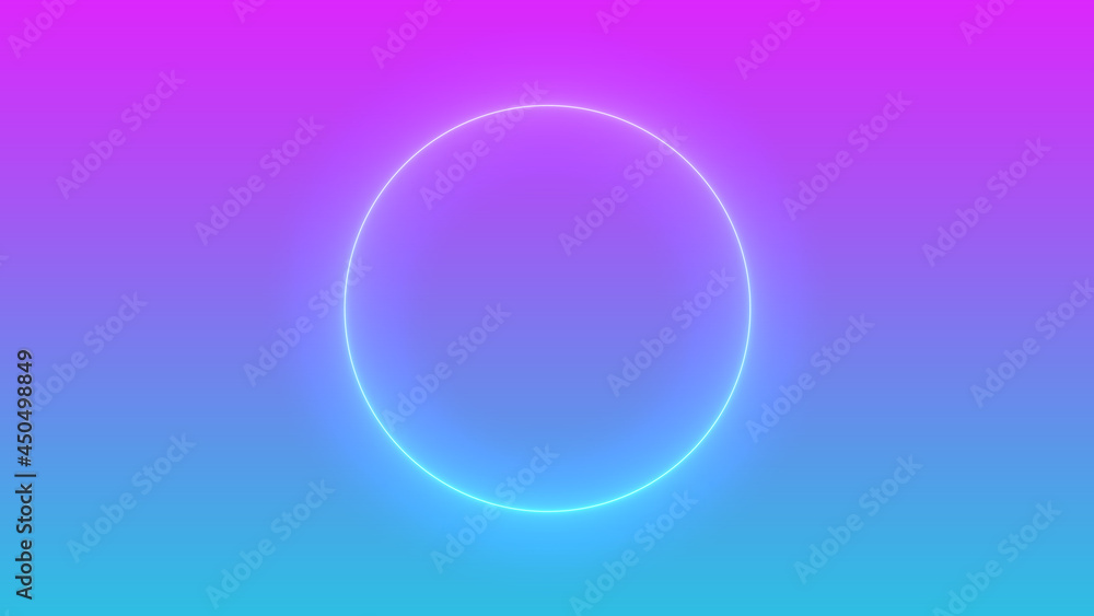 Empty frame with electric power round border glowing, pink neon lightning sign on trendy background. Blank circle neon light around frame lights. Abstract soft gradient mix pink, purple, blue color