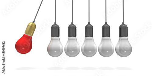 Foto 3d Glühlampen Pendel rot und weiß als Idee, Plan, Konzept Erfolg, isoliert
