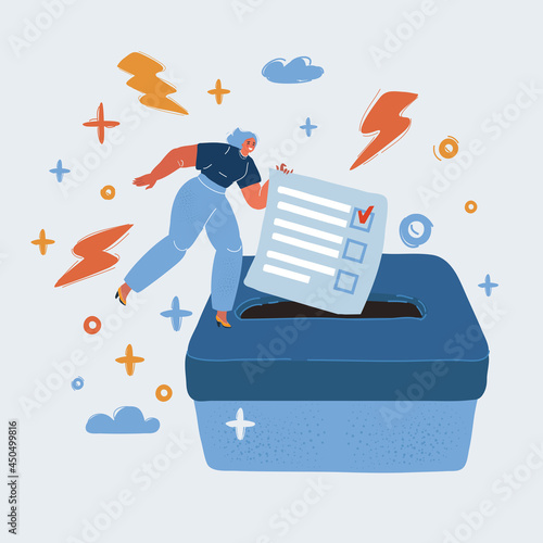 Vector illustration of woman voter dropping her ballot in the box at the polling place.