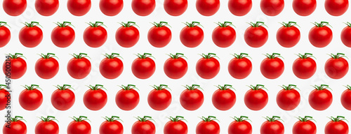 Tomatoes pattern. Creative food concept. Red ripe juicy tomatoes with green tail on gray background. Healthy vegan organic food, vegetable, cherry tomatoes, summer, harvesting. Banner