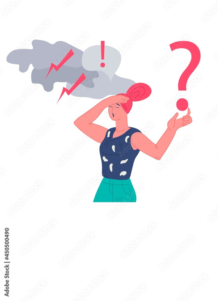 Upset confused woman having unresolved problem, flat vector isolated on white background. Anxiety or panic attack, Psychological fear, confusion or depression problems. Upset confused woman having unresolved problem, flat vector isolated on white background. Anxiety or panic attack, Psychological fear, confusion or depression problems.
