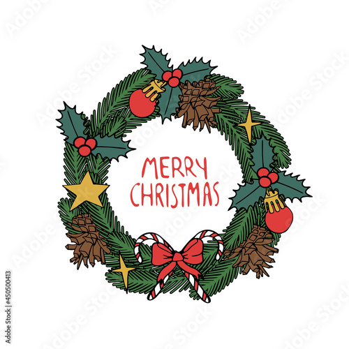 Colorful Line Art Christmas Wreath clipart, spruce green branches decorated with baubles and pine cones. Isolated on white background