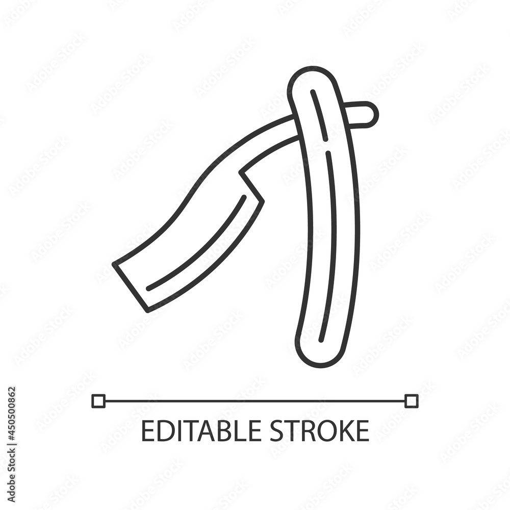 Old fashioned razor linear icon. Bladed tool for body hair removal. Straight razor. Thin line customizable illustration. Contour symbol. Vector isolated outline drawing. Editable stroke Old fashioned razor linear icon. Bladed tool for body hair removal. Straight razor. Thin line customizable illustration. Contour symbol. Vector isolated outline drawing. Editable stroke