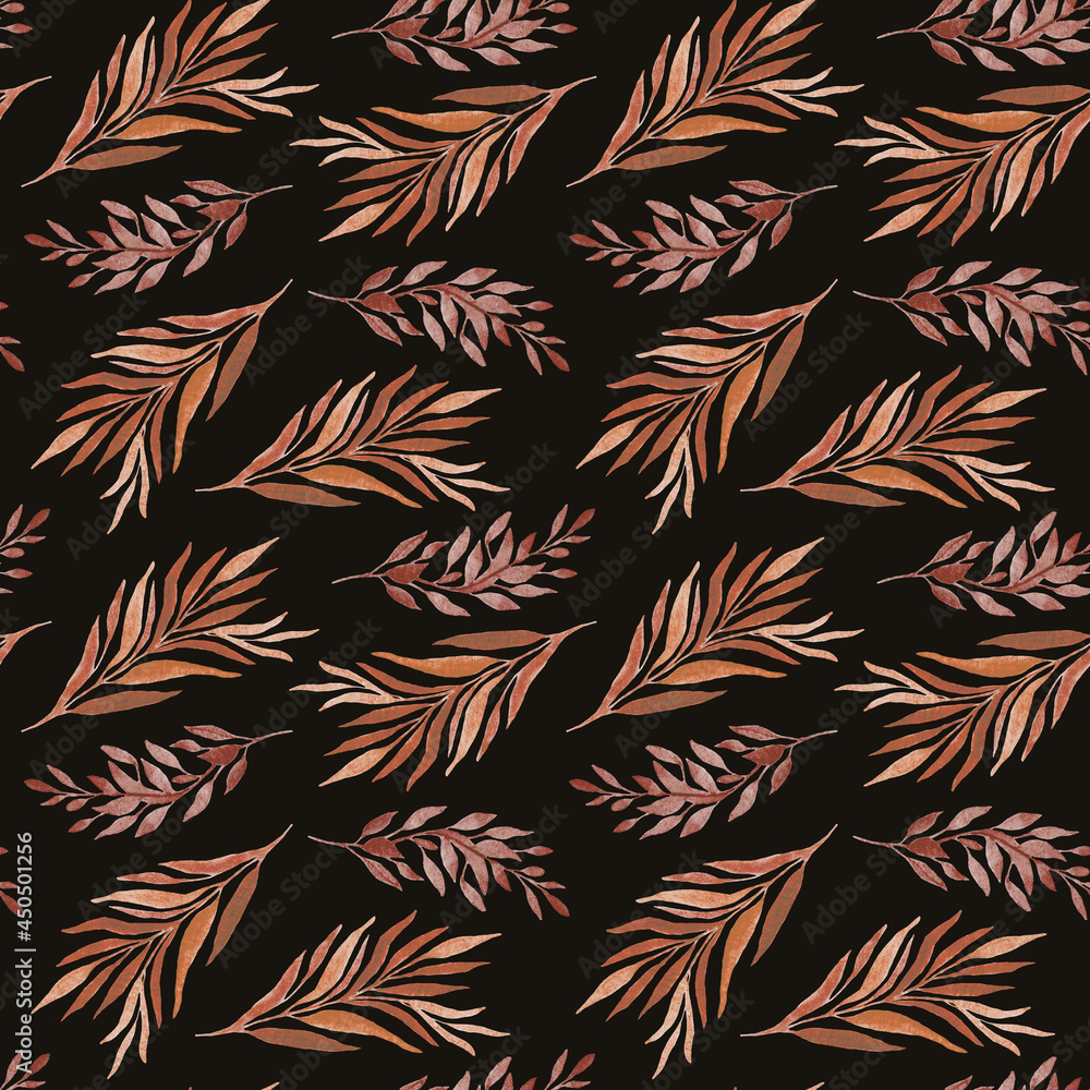 Watercolor pattern with brown leaves. Abstract botanical pattern with leaves. Bright brown twigs. Deciduous pattern. Deciduous pattern on dark background Watercolor pattern with brown leaves. Abstract botanical pattern with leaves. Bright brown twigs. Deciduous pattern. Deciduous pattern on dark background