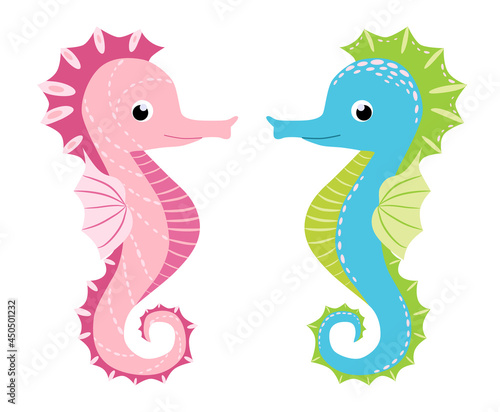 Pair of seahorses  scandinavian style hippocampus  hand drawn  pink and turquoise  boy and girl  love