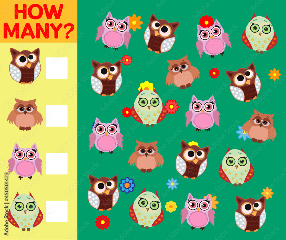 Cartoon Illustration of Educational Counting Activity Game for Children with Bird Characters