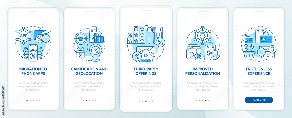 Loyalty programs trends blue onboarding mobile app page screen. Tendencies walkthrough 5 steps graphic instructions with concepts. UI, UX, GUI vector template with linear color illustrations