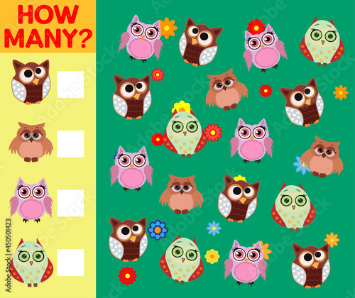 Cartoon Illustration of Educational Counting Activity Game for Children with Bird Characters