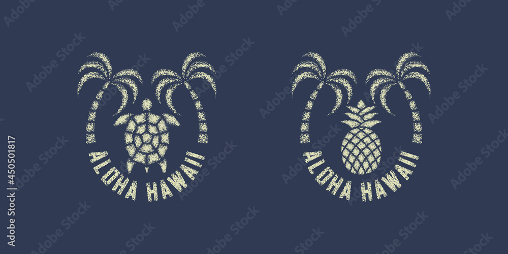 Set of color illustrations of palm, turtle, pineapple and text on the background. Design element for print, poster, emblem, label, sticker. Vector illustration with grunge texture. Hawaii symbolism.