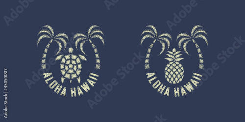 Set of color illustrations of palm, turtle, pineapple and text on the background. Design element for print, poster, emblem, label, sticker. Vector illustration with grunge texture. Hawaii symbolism.