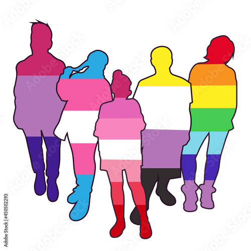 Outlined representatives of LGBT community as Bisexual, Homosexual, Non-binary, Lesbian and Transgender on white isolated background, vector silhouettes of LGBT colored people, concept of LGBT rights.
