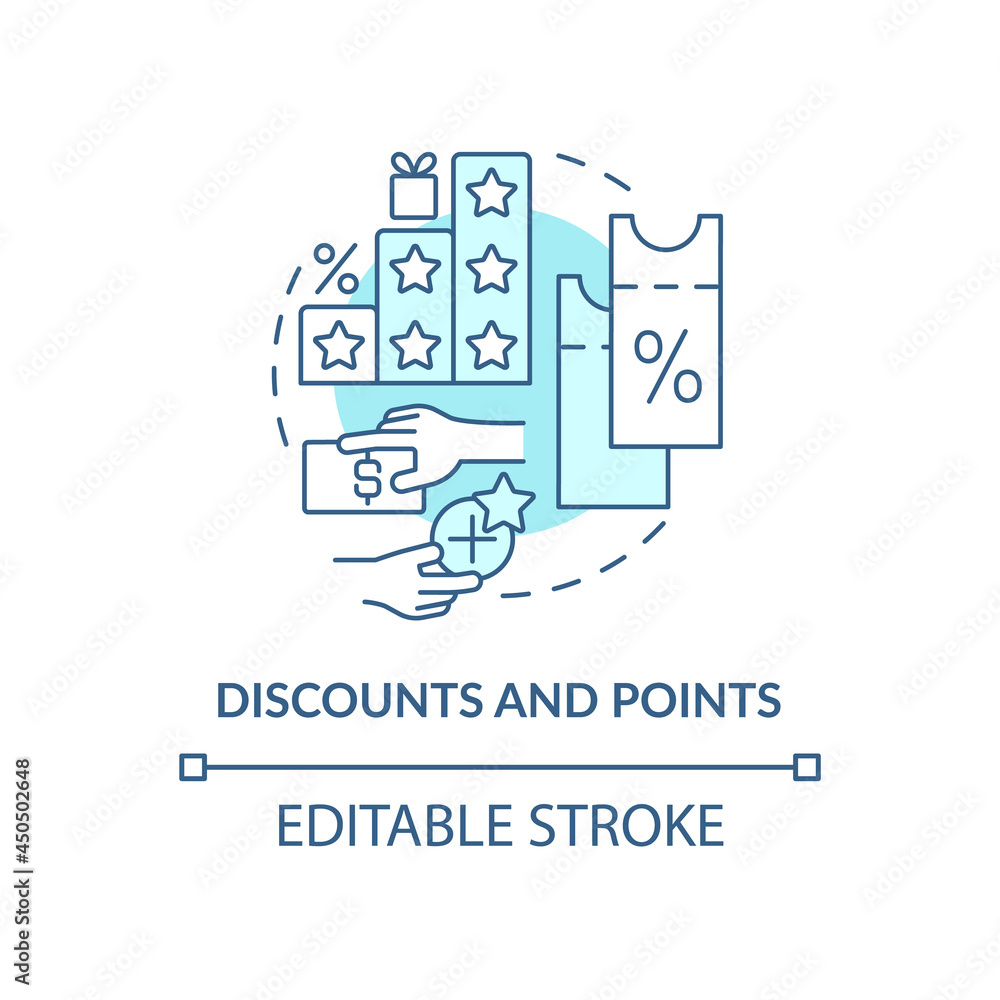Discounts and points blue concept icon. Reward system for customers abstract idea thin line illustration. Shopping benefits. Loyalty program. Vector isolated outline color drawing. Editable stroke Discounts and points blue concept icon. Reward system for customers abstract idea thin line illustration. Shopping benefits. Loyalty program. Vector isolated outline color drawing. Editable stroke