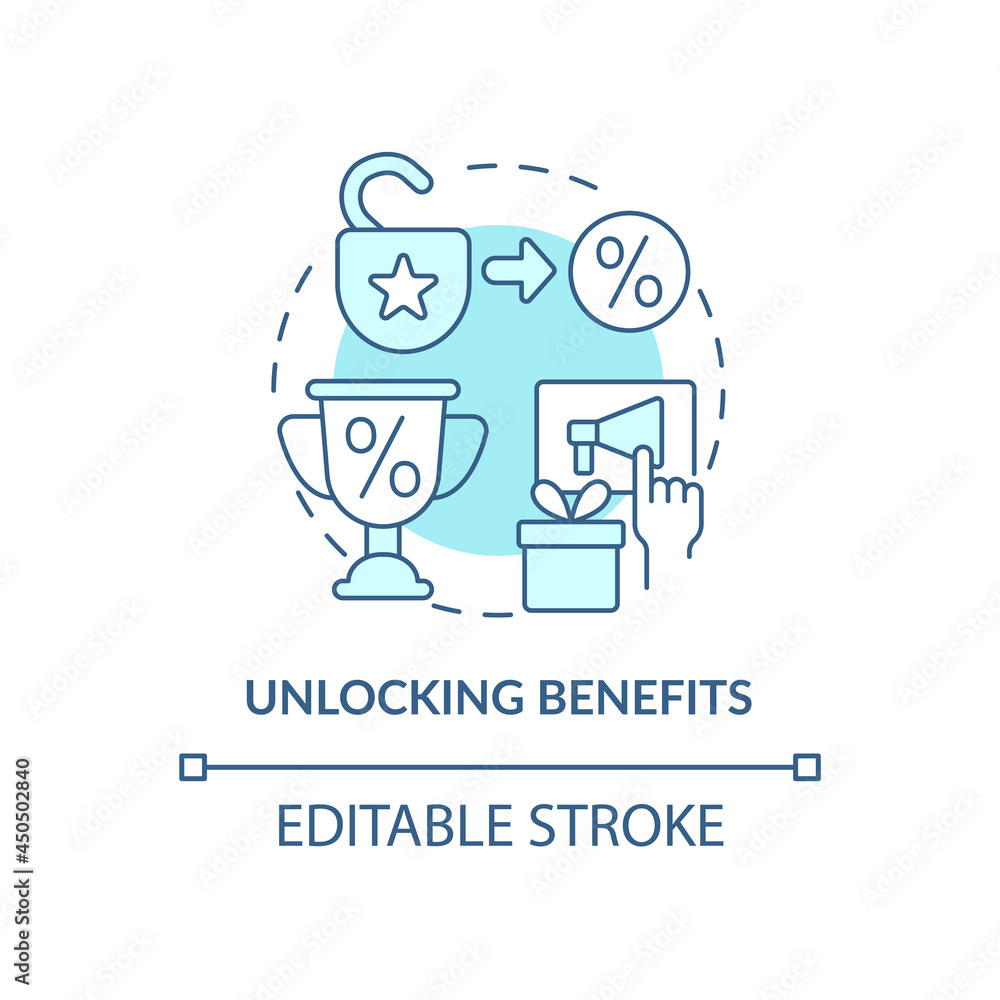 Unlocking benefits blue concept icon. Loyalty program gamification abstract idea thin line illustration. Earn bonuses and benefits for discount. Vector isolated outline color drawing. Editable stroke
