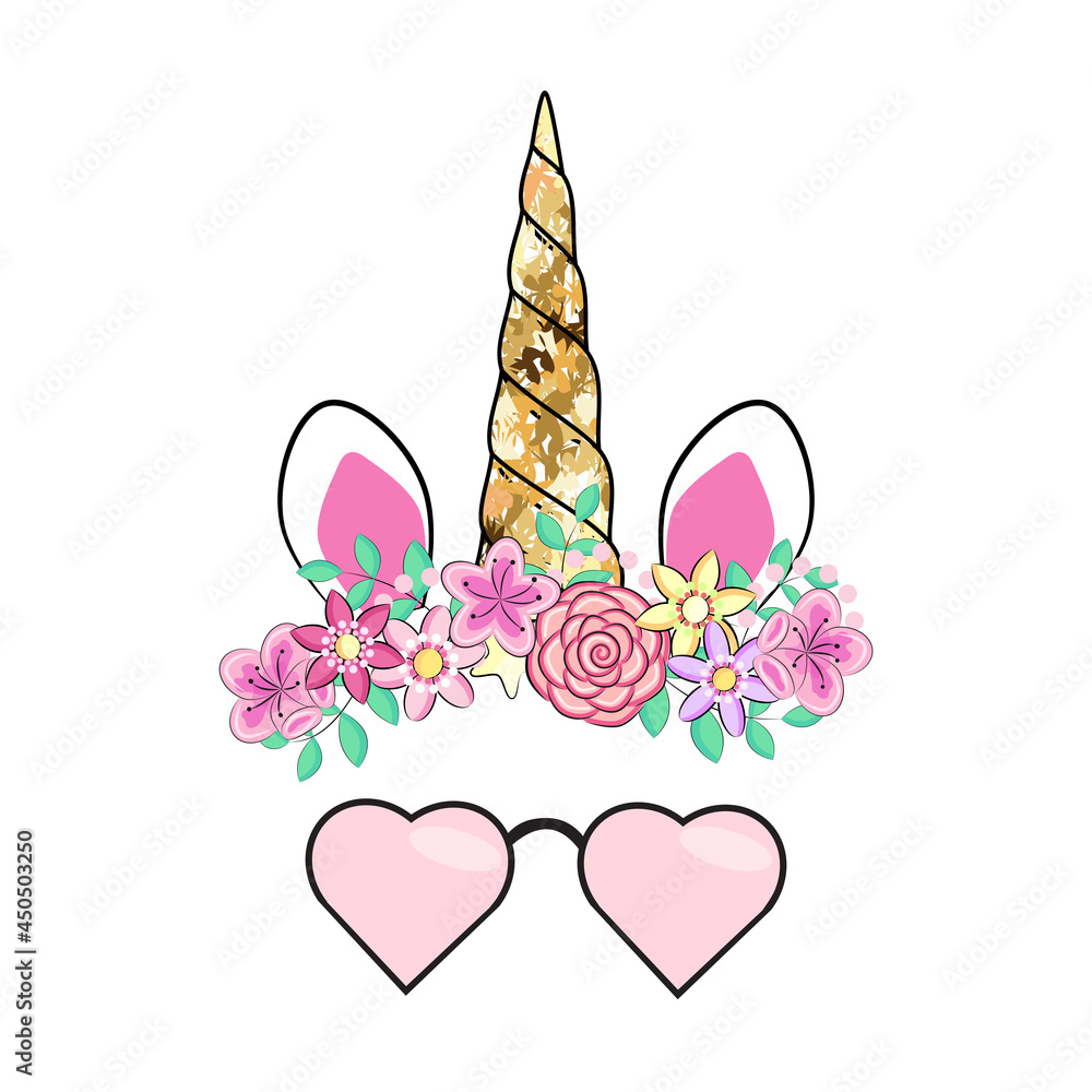 Cute unicorn with floral wreath, slogan and gold glitter elements