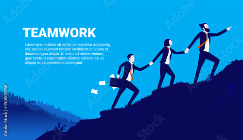 Teamwork vector illustration - Business team walking up hill together, cooperating to reach the top. Success and progress concept.