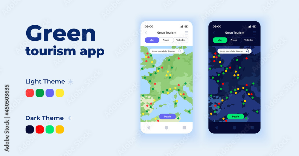 Green tourism app cartoon smartphone interface vector templates set. Mobile app screen page day and dark mode design. Geo-data based map system UI for application. Phone display Green tourism app cartoon smartphone interface vector templates set. Mobile app screen page day and dark mode design. Geo-data based map system UI for application. Phone display