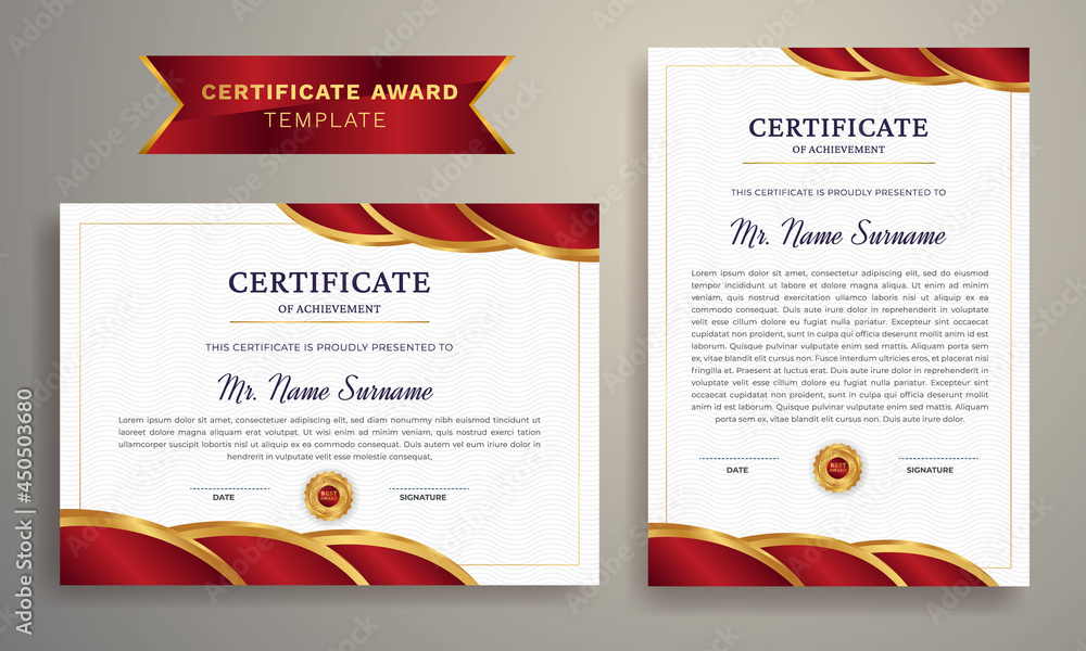 Fototapeta premium Red and gold certificate of achievement border template with luxury badge and modern line pattern. For award, business, and education needs. Graduation vector template. Clean modern certificate.