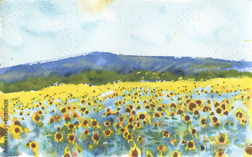 Sunflowers landscape painting watercolor in realistic style. Vintage sunflower yellow field with mountains. Beautiful nature art for wall art, posters, invitation background. 