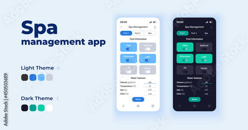 Spa management app cartoon smartphone interface vector templates set. Mobile app screen page day and dark mode design. Pool information UI for application. Phone display