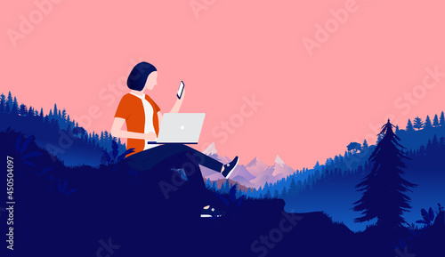 Woman working outside in wilderness - Person with laptop and smartphone working outdoors in nature landscape, 
 with forest and mountains in background. Remote work and freedom concept. Vector