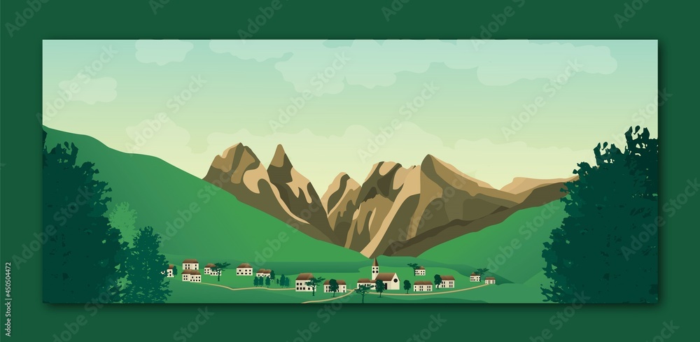 Φωτογραφία Landscape valley illustration with mountains,trees,houses and sky