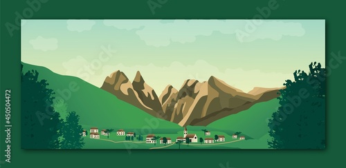Принти на полотні Landscape valley illustration with mountains,trees,houses and sky