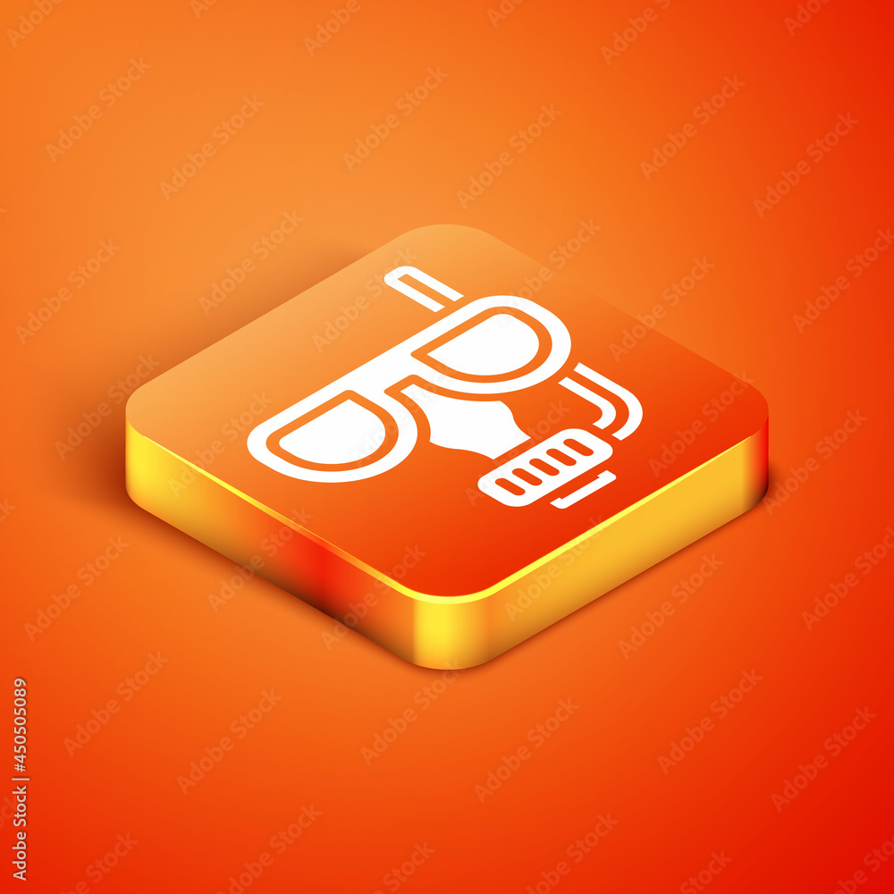 Isometric Diving mask and snorkel icon isolated on orange background. Extreme sport. Diving underwater equipment. Vector Isometric Diving mask and snorkel icon isolated on orange background. Extreme sport. Diving underwater equipment. Vector