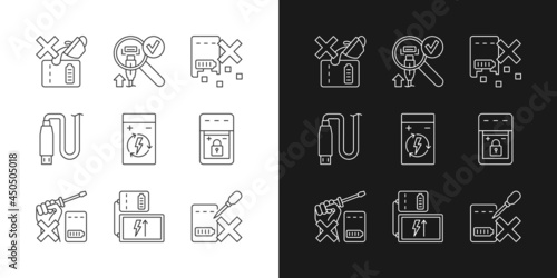 Portable charger care linear manual label icons set for dark and light mode. Customizable thin line symbols. Isolated vector outline illustrations for product use instructions. Editable stroke