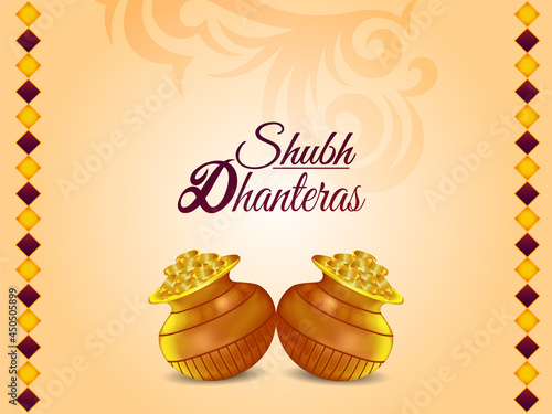 Happy dhanteras indian festival greeting card with vector illustration gold coin pot