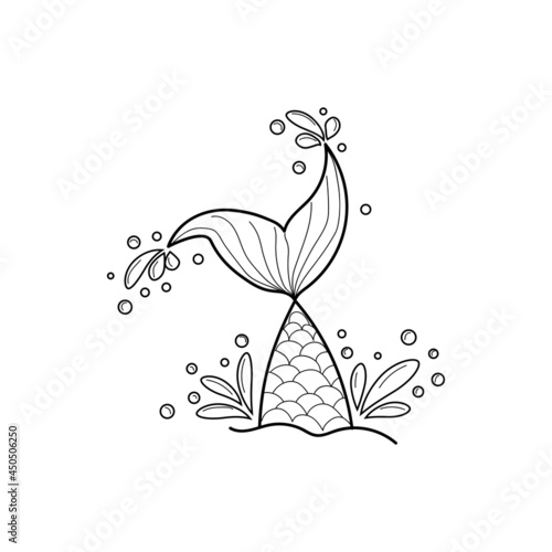 Hand drawn silhouette of mermaid s tail. illustration isolated on white background. Graphic tattoo.