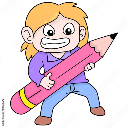 school season arrives boy bring a pencil to study, doodle icon image kawaii