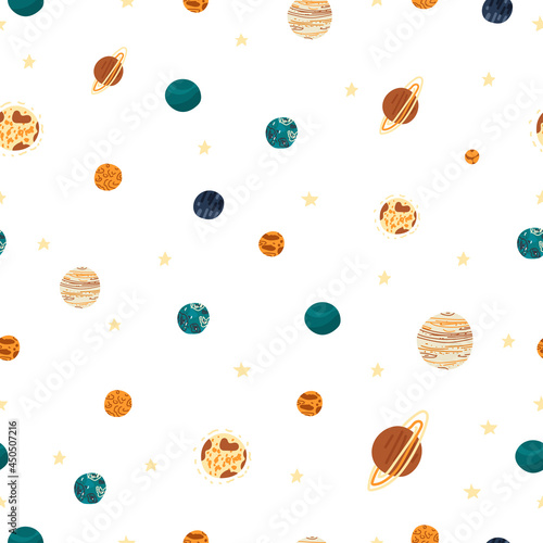 Vector flat space cute seamless pattern. Pattern with planets in a hand-drawn cartoon style on a white background. Design for nursery, wallpaper, stationery, clothing, textiles, bedding.
