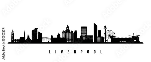 Liverpool skyline horizontal banner. Black and white silhouette of Liverpool, UK. Vector template for your design.
