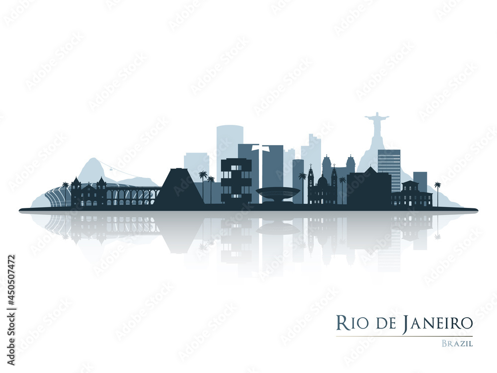 Rio de Janeiro skyline silhouette with reflection. Landscape Rio de Janeiro, Brazil. Vector illustration.