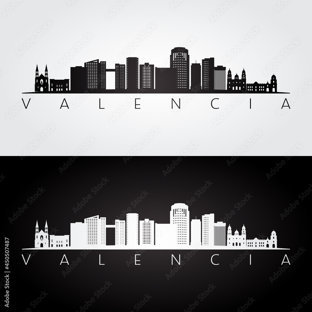 Valencia, Venezuela skyline and landmarks silhouette, black and white design, vector illustration.