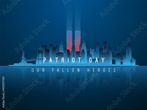 New York skyline silhouette with glowing Twin Towers behind. American Patriot Day banner. World Trade Center. Vector illustration.