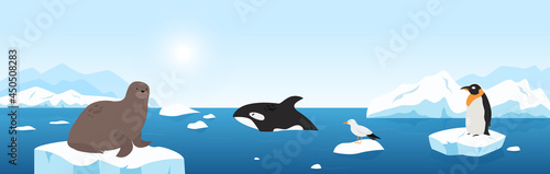 Arctic animals in seascape with iceberg and blue sea waters vector illustration. Cartoon funny penguin walrus seagull floating on ice floes, cute wild animals and birds of Arctic wildlife background